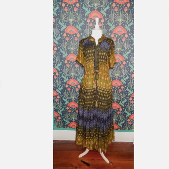 Free People Rare Feelings Olive Green Blue Floral Boho Maxi Dress Nwt XL - Picture 4 of 9